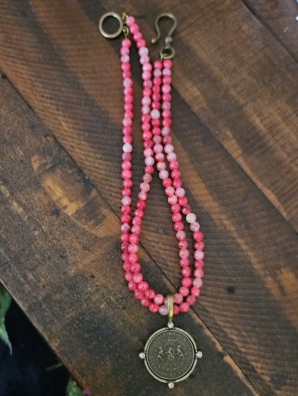 Pink/red  Beaded Coin Pendant Necklace